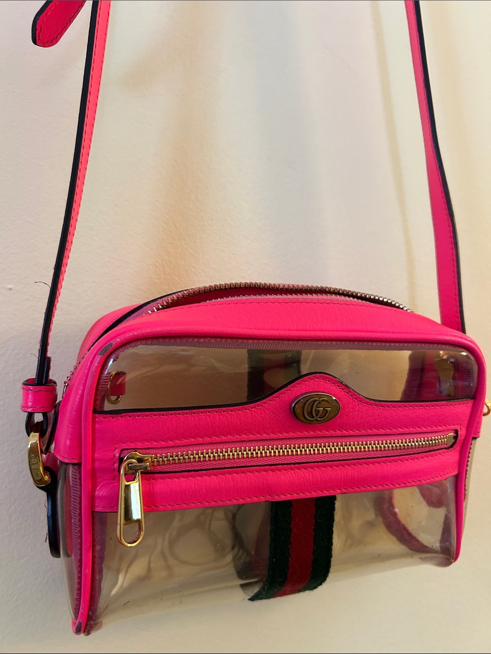 Authentic Gucci Bag Web Ophidia Mini Transparent Crossbody Fluorescent Pink